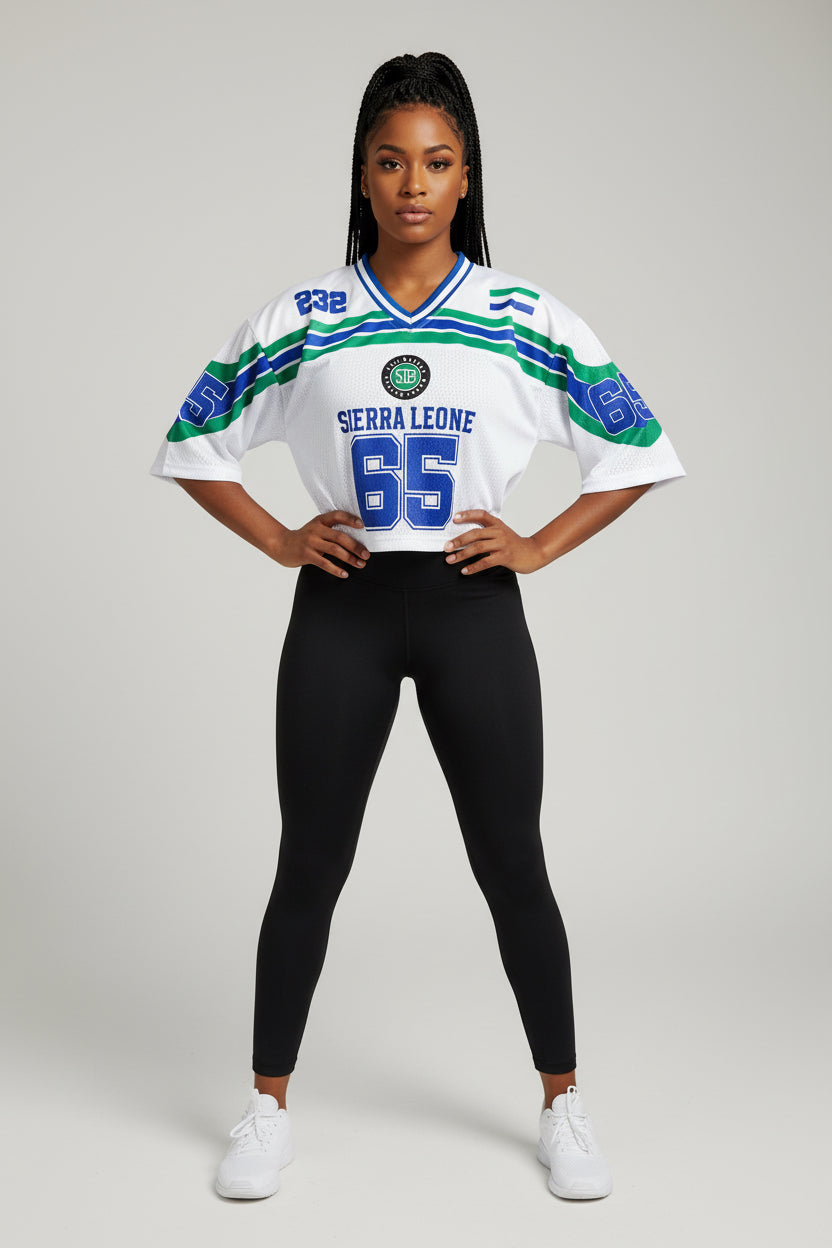 Women’s Sierra Leone crop top jersey outfit, urban streetwear style with black leggings
