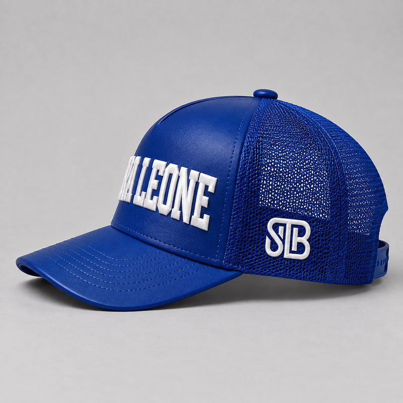 Blue Sierra Leone PU leather baseball hat – side view