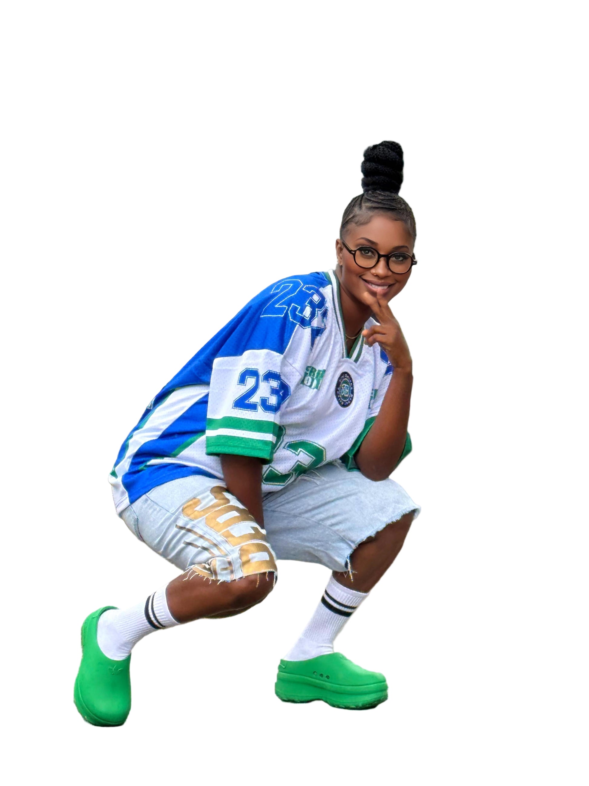 Person wearing a sports jersey with number 232 on a white background