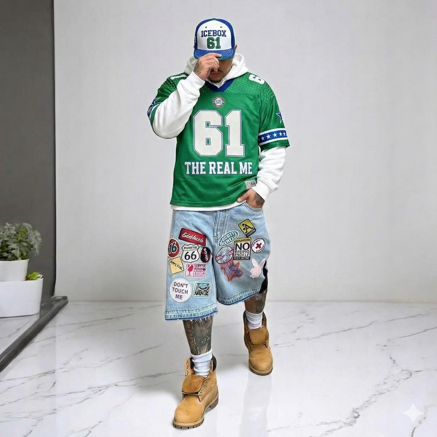 Person wearing a green jersey with '61 The Real Me' text, denim shorts with patches, and tan boots on a white floor.