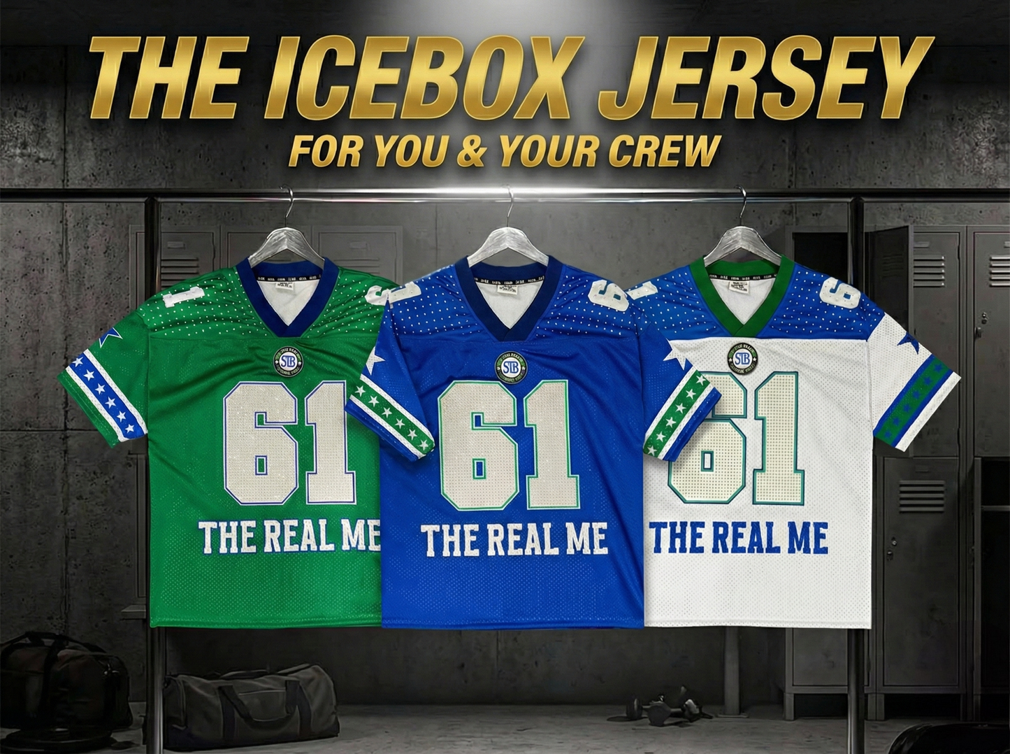 Three sports jerseys with number 61 displayed in a locker room setting.