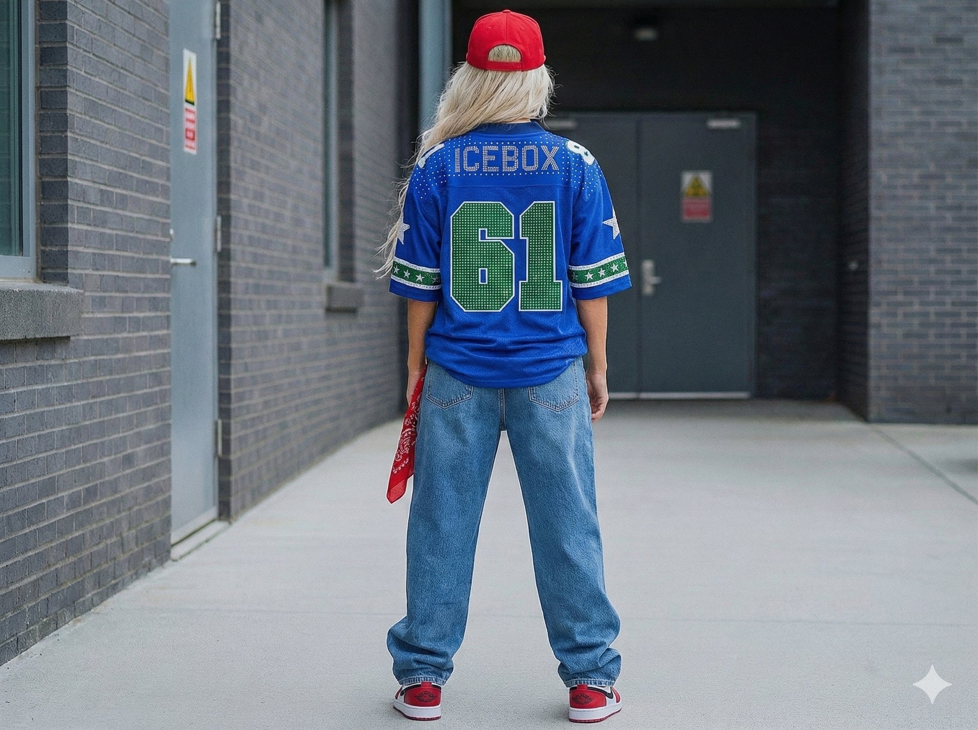 Person wearing a blue sports jersey with 'ICEBOX' and number '61', standing in an outdoor setting.
