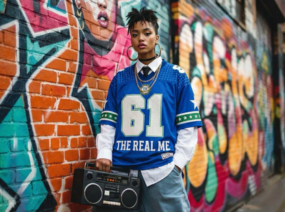 Person wearing a blue sports jersey with '61 The Real Me' text, standing in front of a colorful graffiti wall.