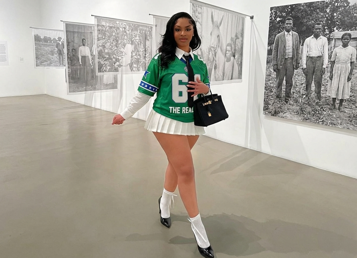 Woman in a green sports jersey with number 6 posing in an art gallery.