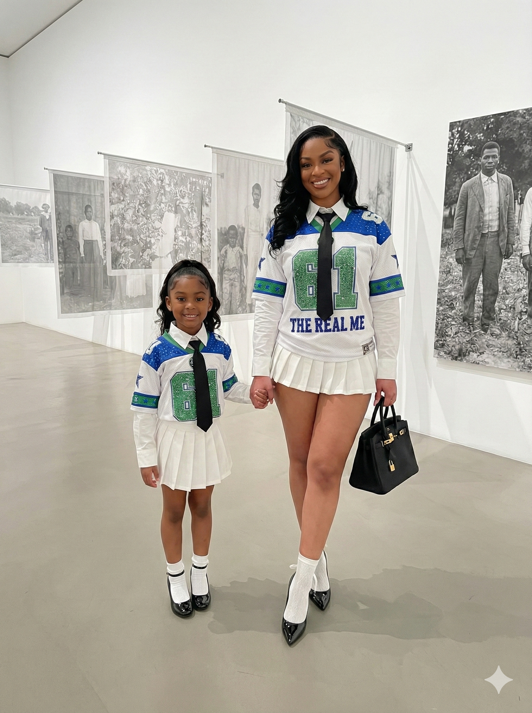 Two people in matching outfits standing in a room with black and white photos on the wall.