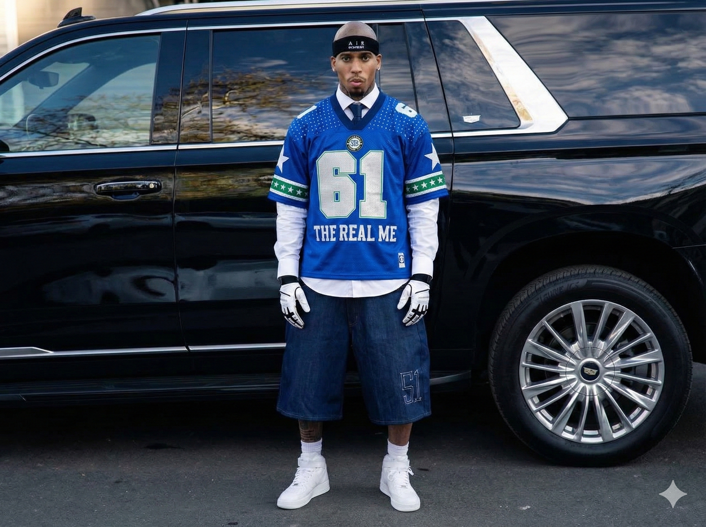 Person wearing a blue sports jersey with number 61 and text, standing in front of a black SUV.