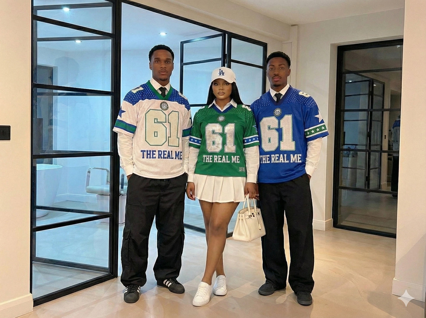 Three people wearing matching jerseys with 'The Real Me' text in a modern indoor setting.