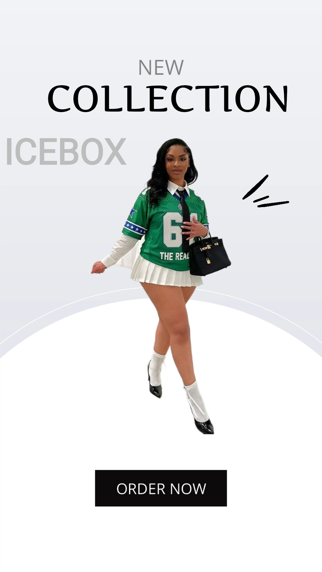 Person wearing a green sports jersey with 'ICEBOX' branding and promotional text.