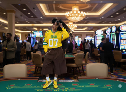 Person in a yellow 'Kono 07' jacket standing on a casino floor with slot machines and chairs in the background.