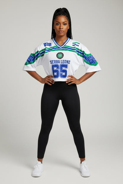 Women’s Sierra Leone crop top jersey outfit, urban streetwear style with black leggings 