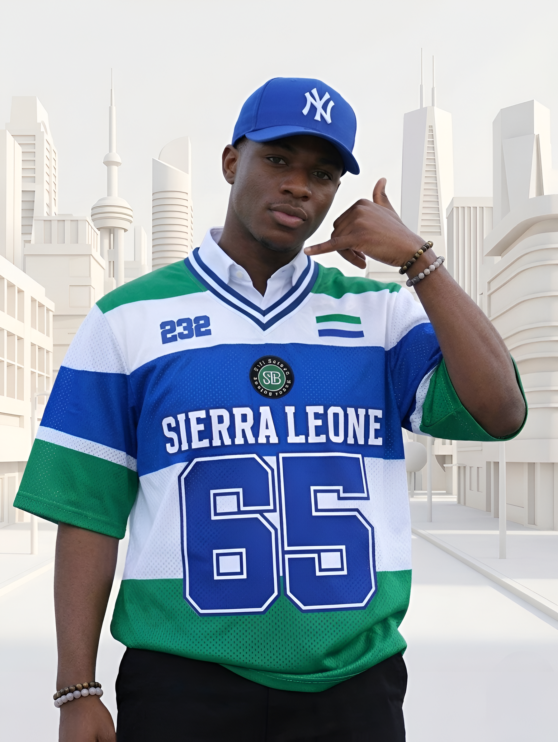 A man wearing a Sierra Leone sports jersey with a cityscape background