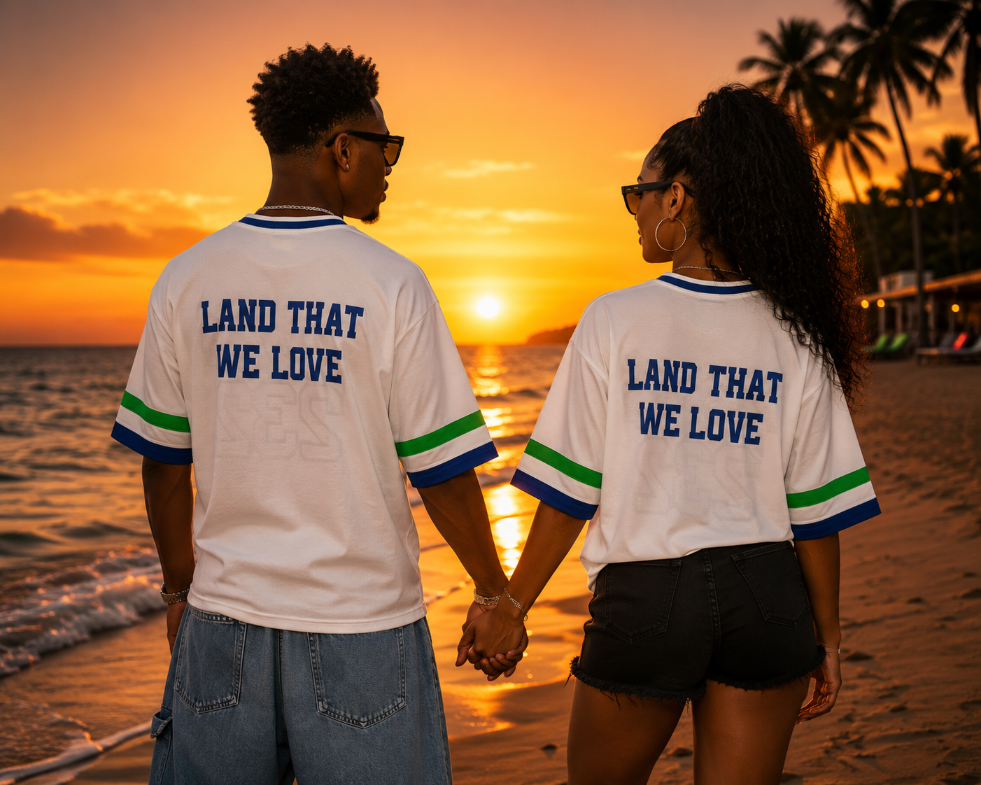 A couple holding hands from behind on a beach at sunset, wearing matching white t-shirts with blue and green striped sleeves and the text 'LAND THAT WE LOVE' printed in blue on the back.
