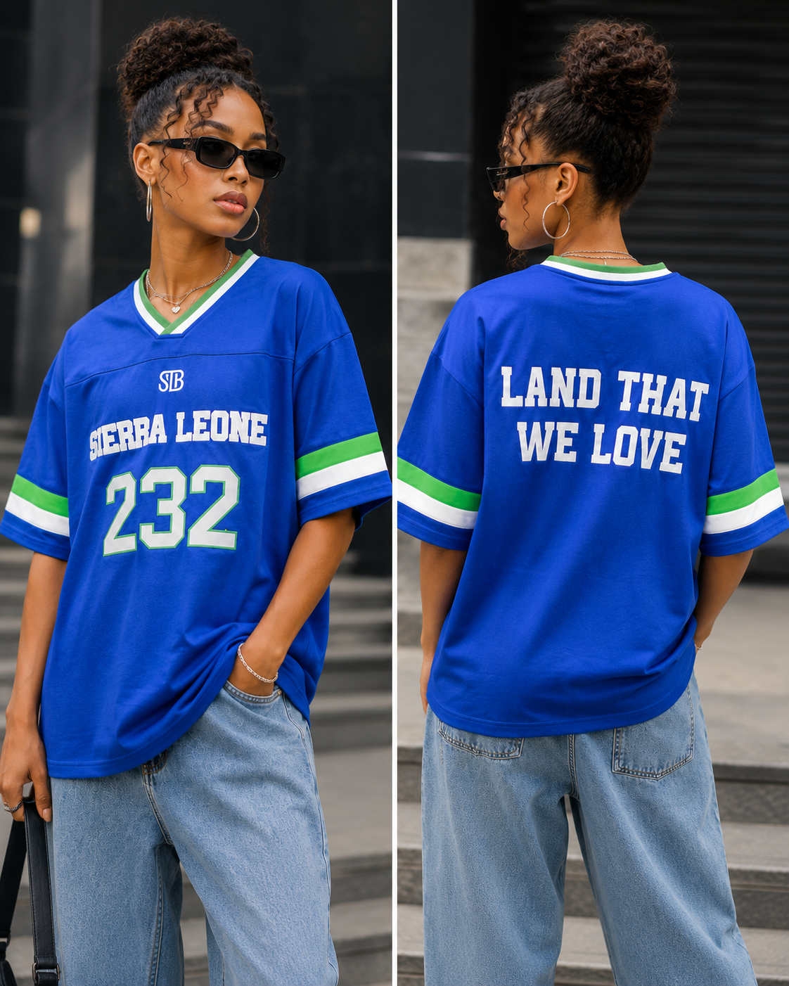 A woman modeling a bright blue Sierra Leone football jersey in a split front and back view. The jersey features 'SIERRA LEONE 232' on the front with green and white trim, and 'LAND THAT WE LOVE' printed on the back.