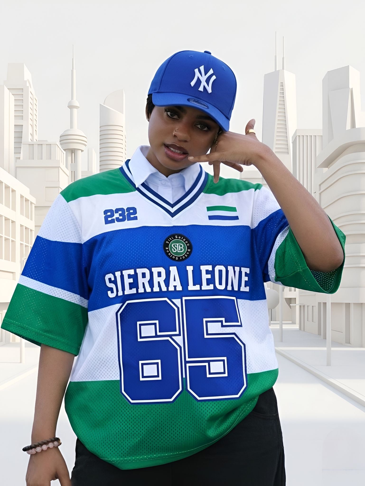 A lady wearing a Sierra Leone-themed jersey with a cityscape background