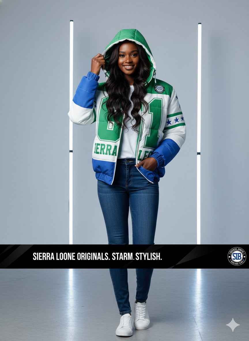 Person wearing a green and blue Sierra Leone Originals jacket with a gray background