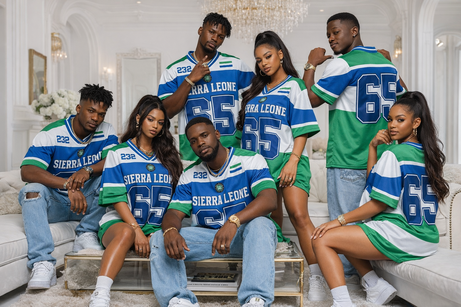 Group of people wearing Sierra Leone-themed jerseys in a stylish room.