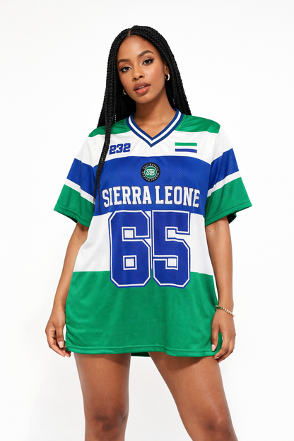 Woman wearing a Sierra Leone-themed jersey with green, white, and blue colors on a white background.