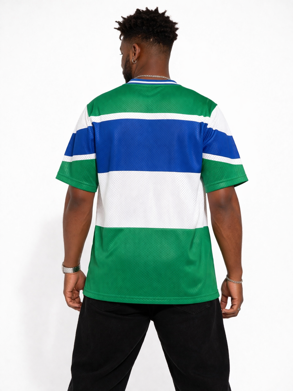 Back view of a model wearing the Sierra Leone oversized jersey 