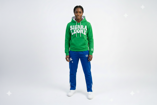 Person wearing a green 'Sierra Leone' hoodie and blue pants on a white background