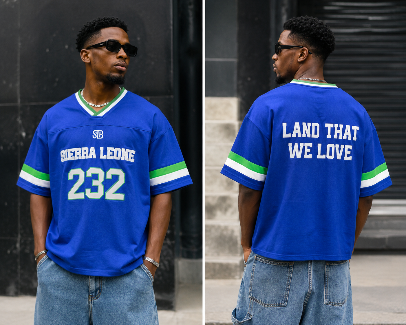 A man shown in front and back views wearing a royal blue jersey-style shirt with green and white sleeve stripes, white 'SIERRA LEONE' text and number 232 on the front, and 'LAND THAT WE LOVE' printed across the back.