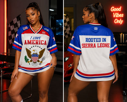 Front and back view of the STB I Love America limited jersey.