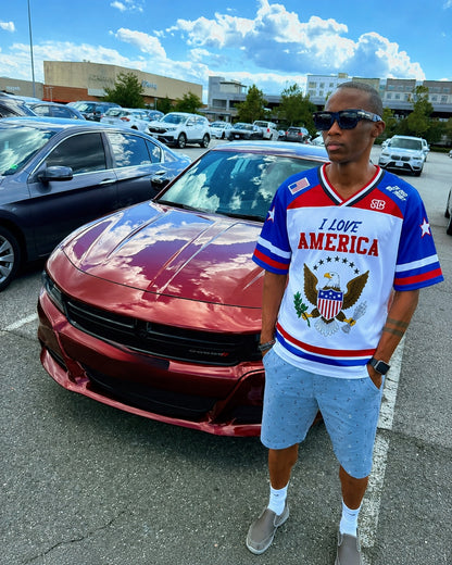 Male model wearing the STB I Love America jersey.