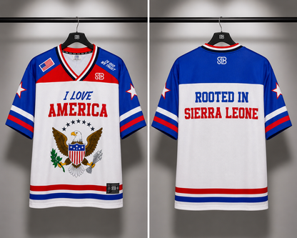 Front and back product views of the STB I Love America jersey.