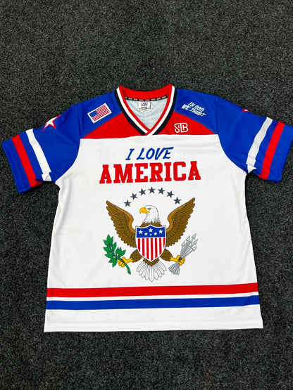 Front product view of the STB I Love America jersey.