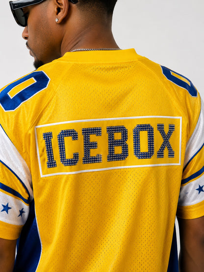 STB ICEBOX Yellow jersey close-up back view with ICEBOX rhinestone branding