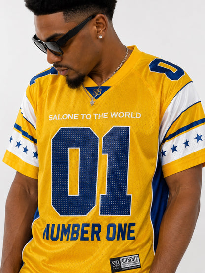 STB ICEBOX Yellow jersey close-up front view showing 01 Number One rhinestone design