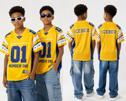 STB ICEBOX Yellow jersey kids front and back styling on white background