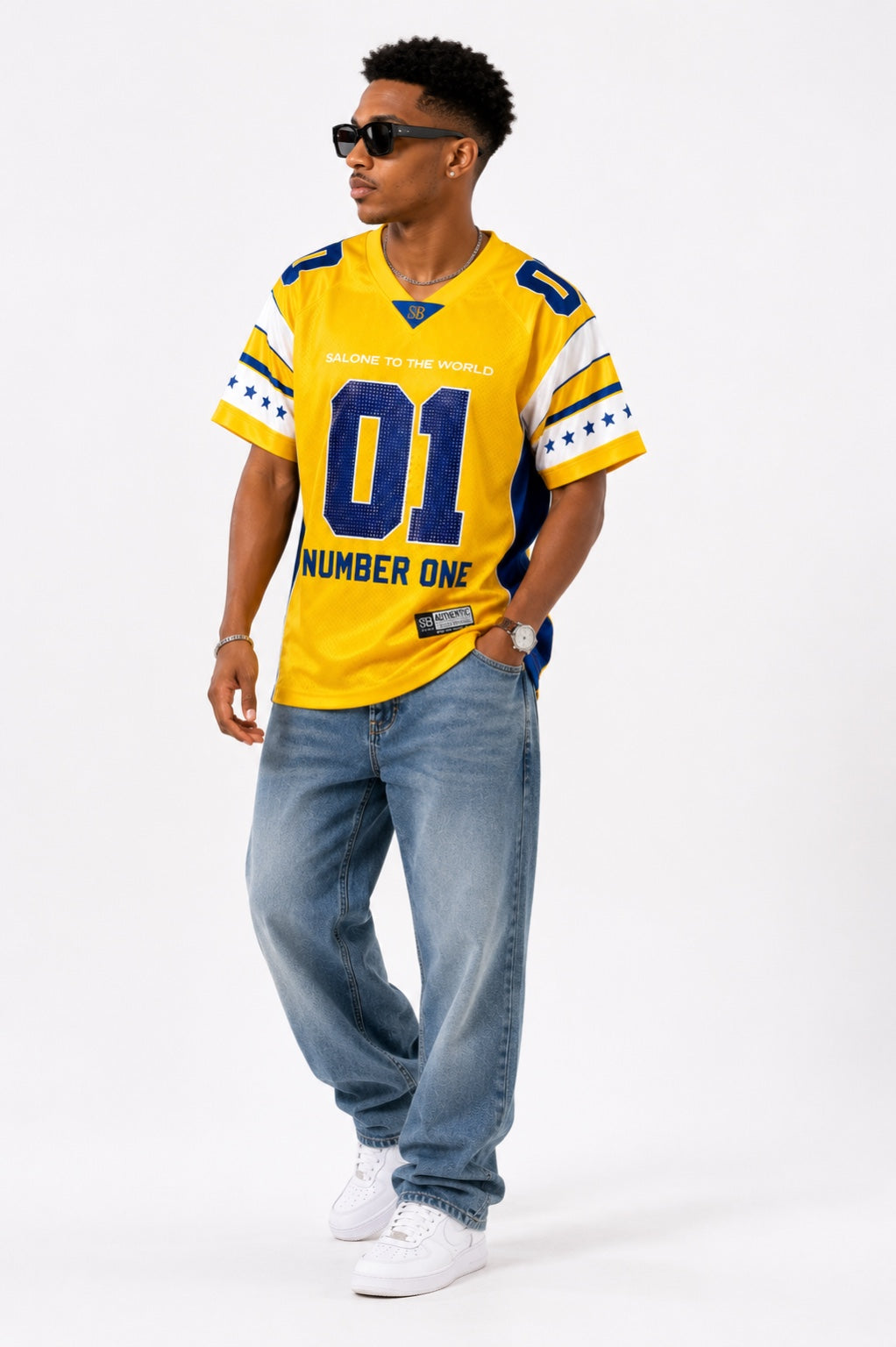 STB ICEBOX Yellow jersey men's full-body streetwear styling on white background