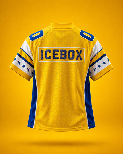 STB ICEBOX Yellow jersey product back view with ICEBOX branding on yellow background