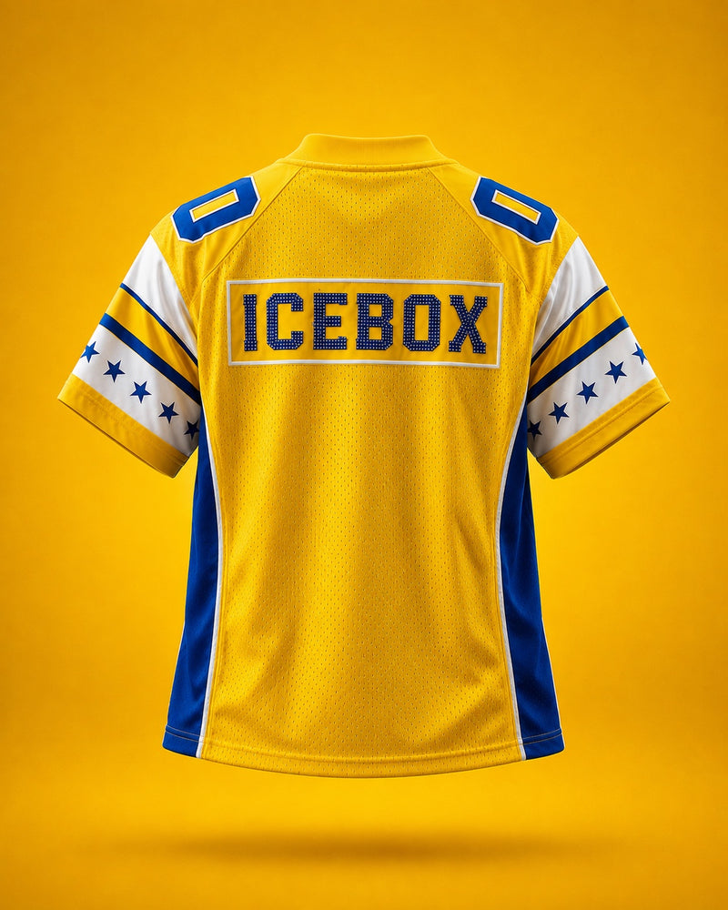 STB ICEBOX Yellow jersey product back view with ICEBOX branding on yellow background