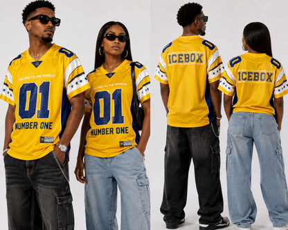 STB ICEBOX Yellow jersey unisex front and back styling with male and female models