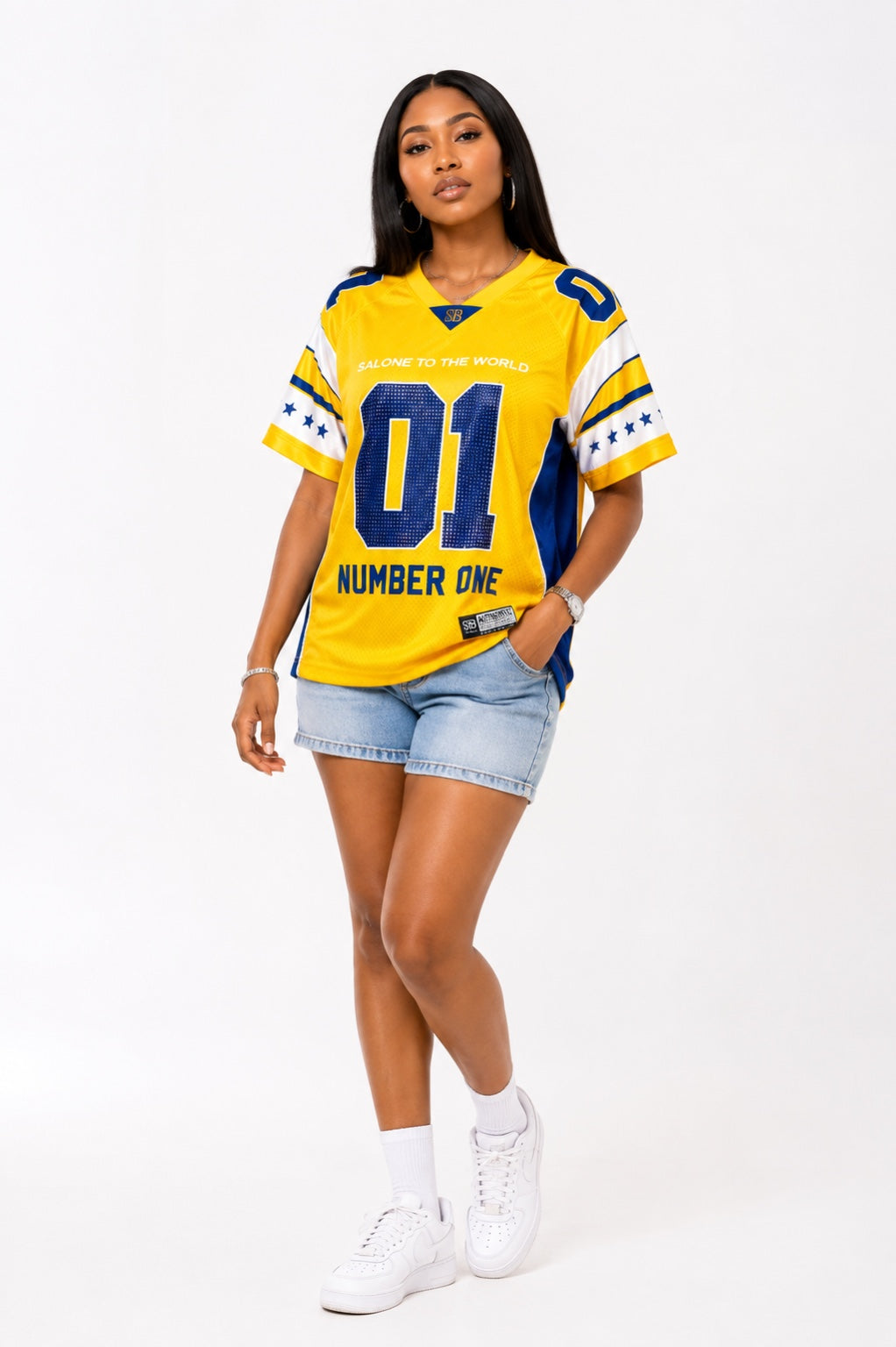 STB ICEBOX Yellow jersey women's full-body casual styling on white background