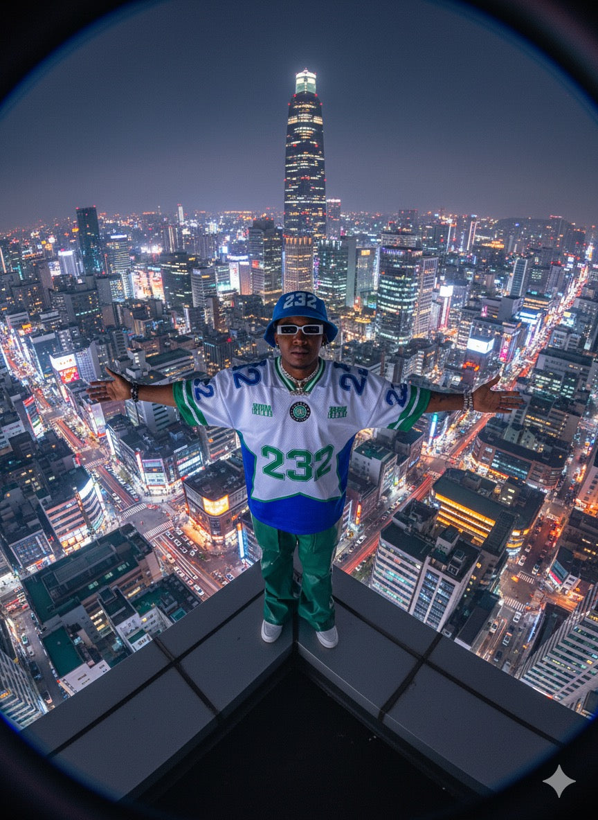 Person in sports jersey with city skyline in the background