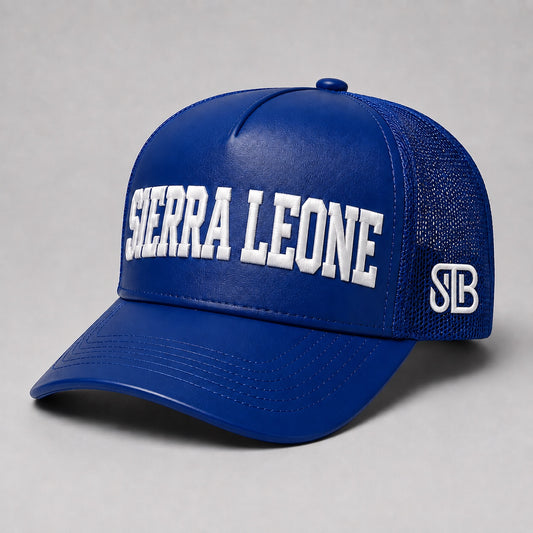 Blue Sierra Leone PU leather baseball hat – front view
