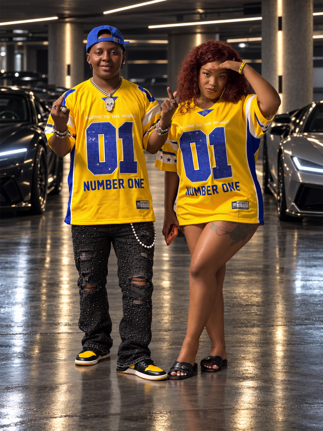 Two models wearing STB ICEBOX Yellow Number One jerseys with blue 01 graphics, front view